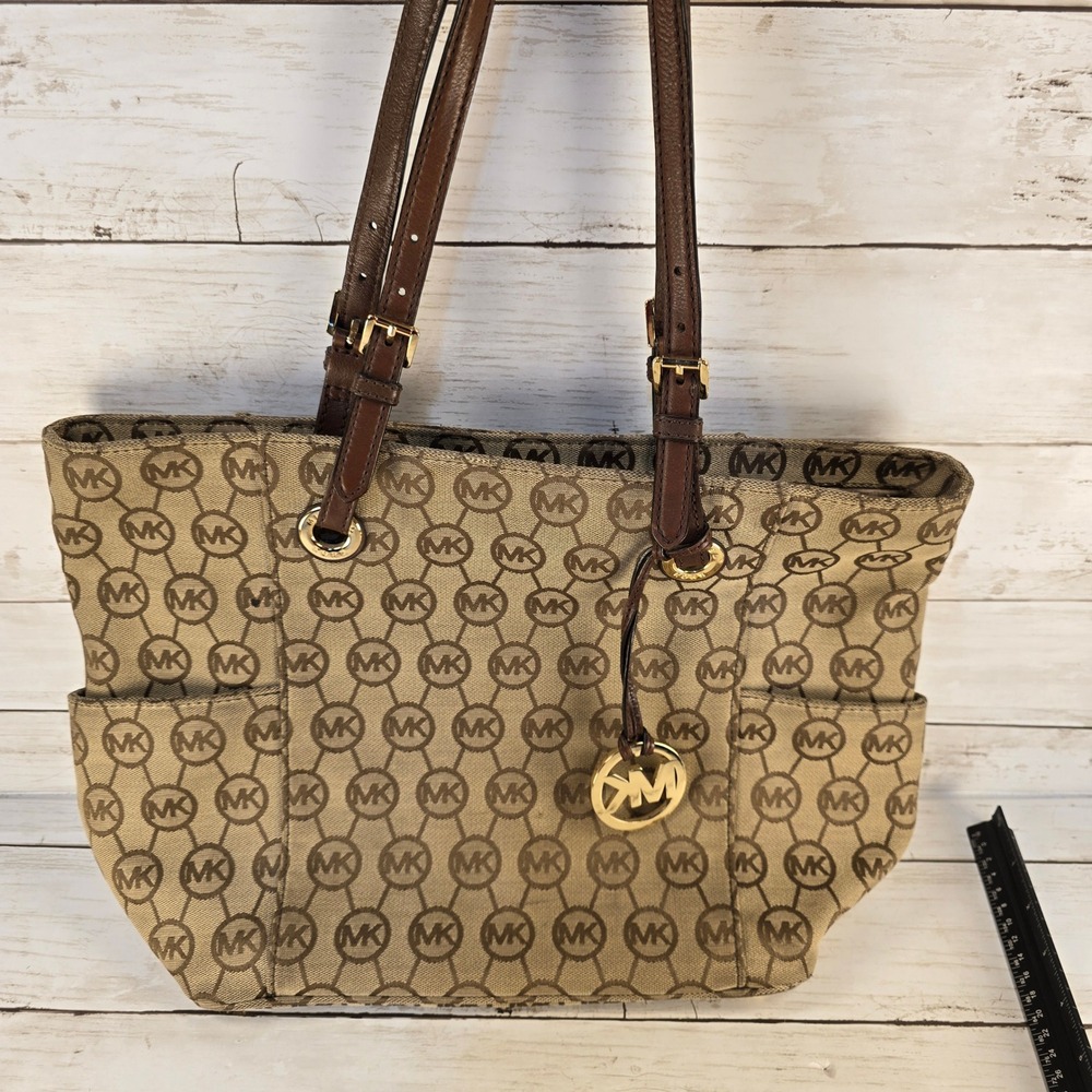 Michael Kors Signature Monogram Jacquard Tote Bag Beige‎ Brown Gold Hardware